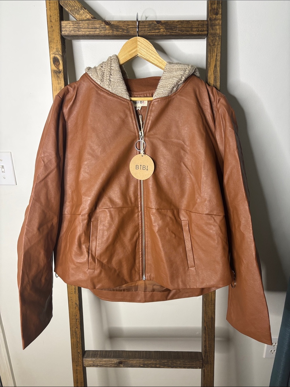BiBi Caramel Brown Faux Leather Zip Front Jacket with Knit Hood Size XL